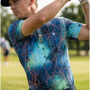 Hreski Teal Blue Geometric Abstract Button-Down Shirt Men's Size M Performance